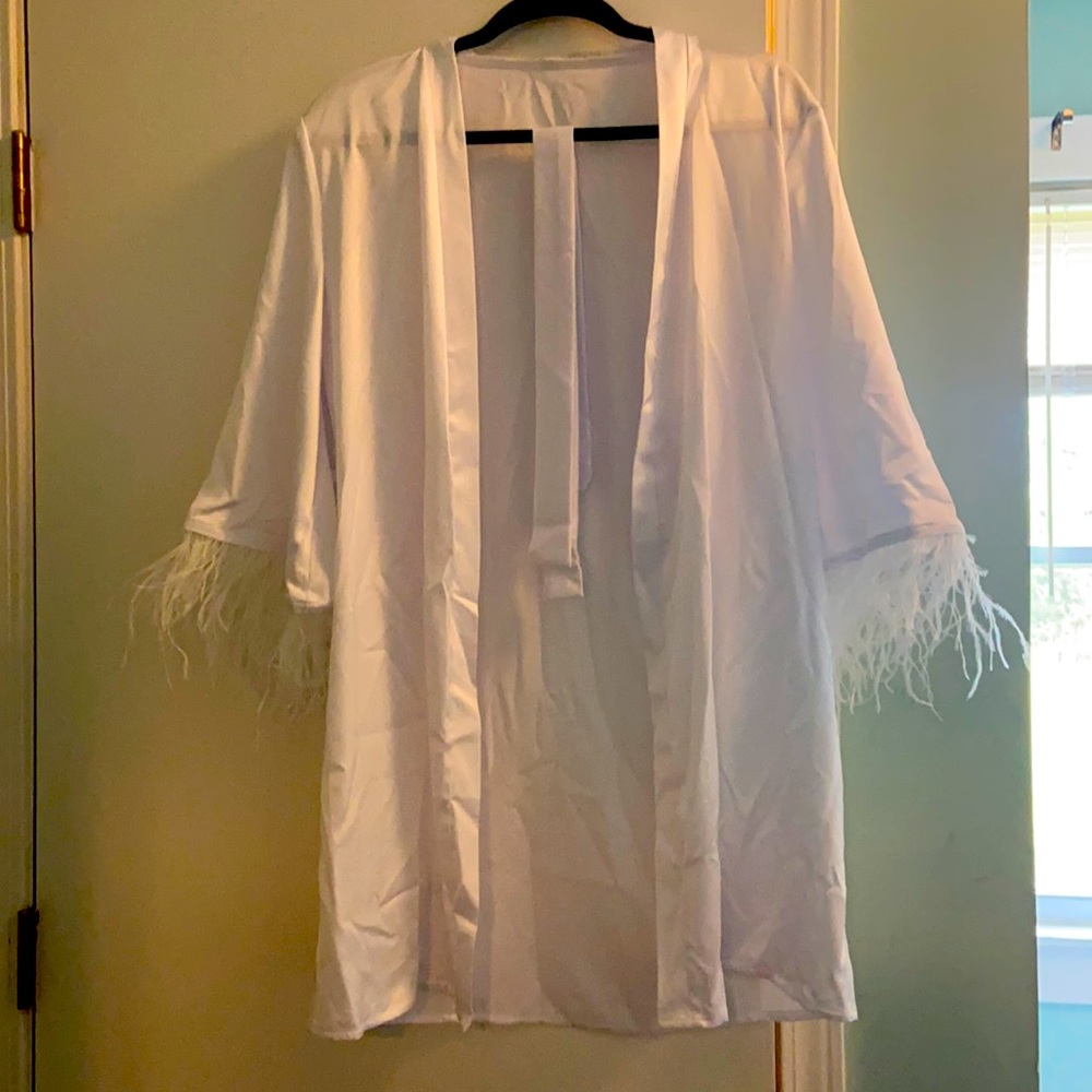 White Silk Robe with Feather Sleeves